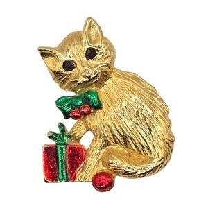 Gold Tone Kitten Cat Pin Brooch with Gift Christmas Holiday Enamel